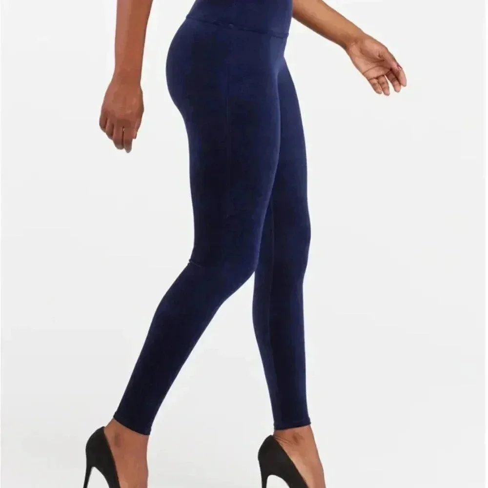 Spanx Velvet Leggings Pull On Stretch Pants Velour Dark Lapis Night Blue Small